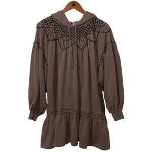 Free People Marty Smocked Sweatshirt Hooded Tunic Mini Dress Brown Bear Size Sm